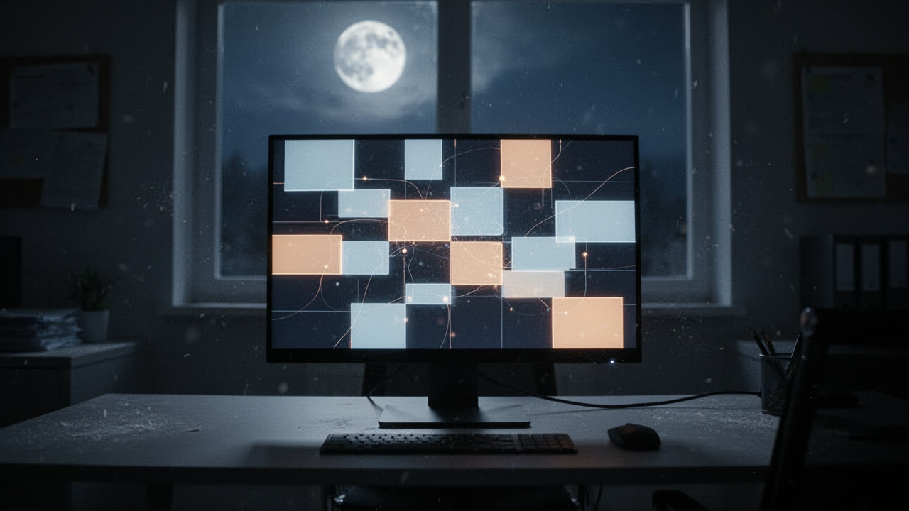 A monitor glowing in a dark office, its screen a grid of lit tiles