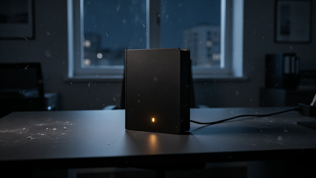 A small black box on an empty desk at night, one amber indicator lit