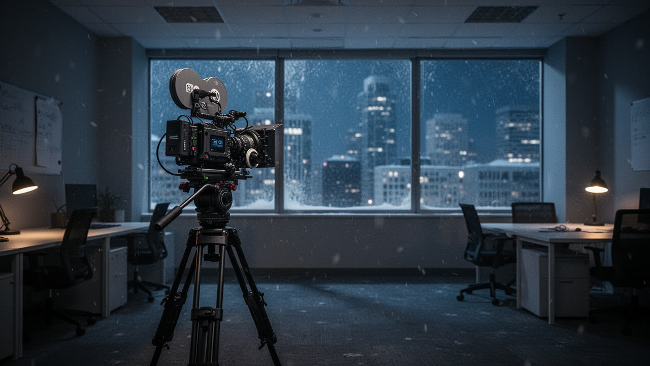 A cinema camera standing alone in a dark office, facing a lit window