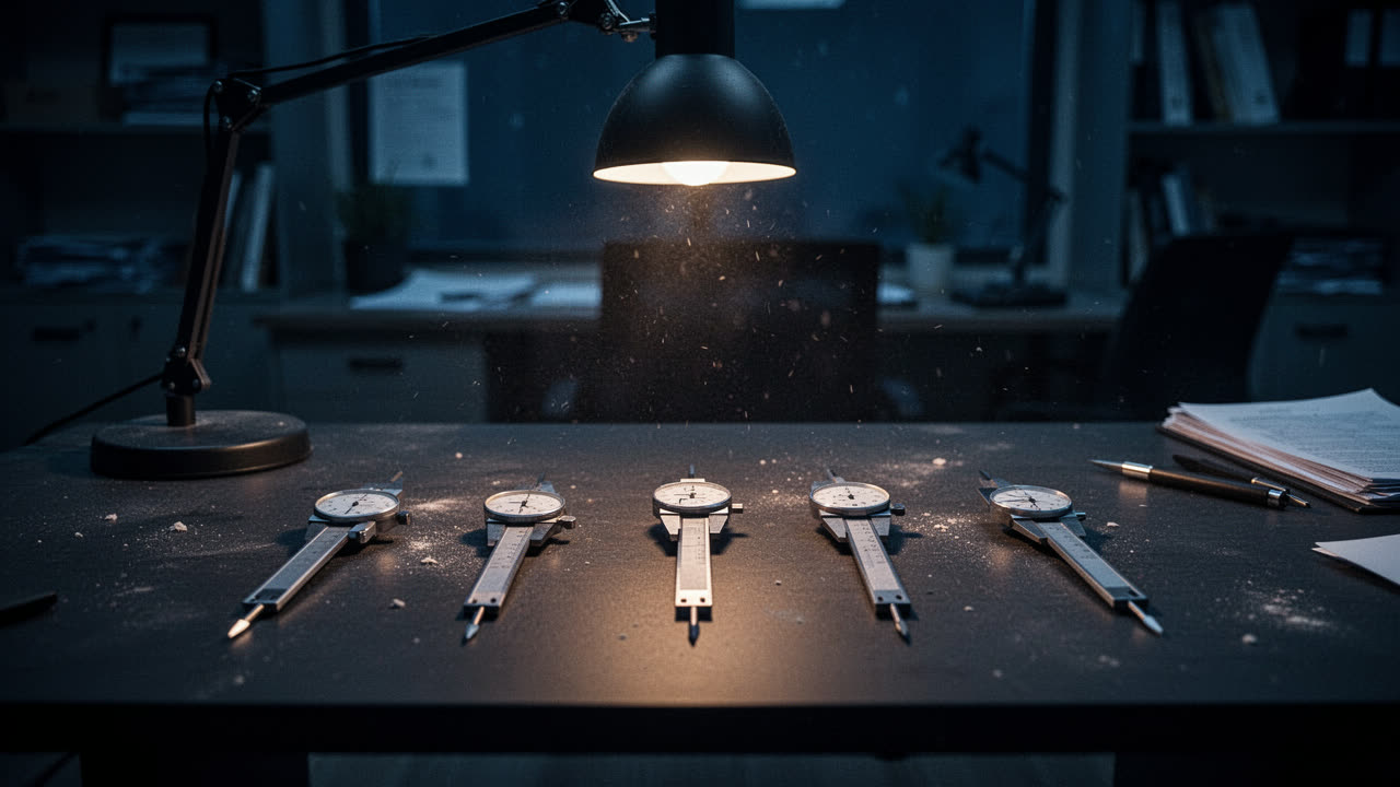 Five instruments in a row under a single desk lamp in a dark office